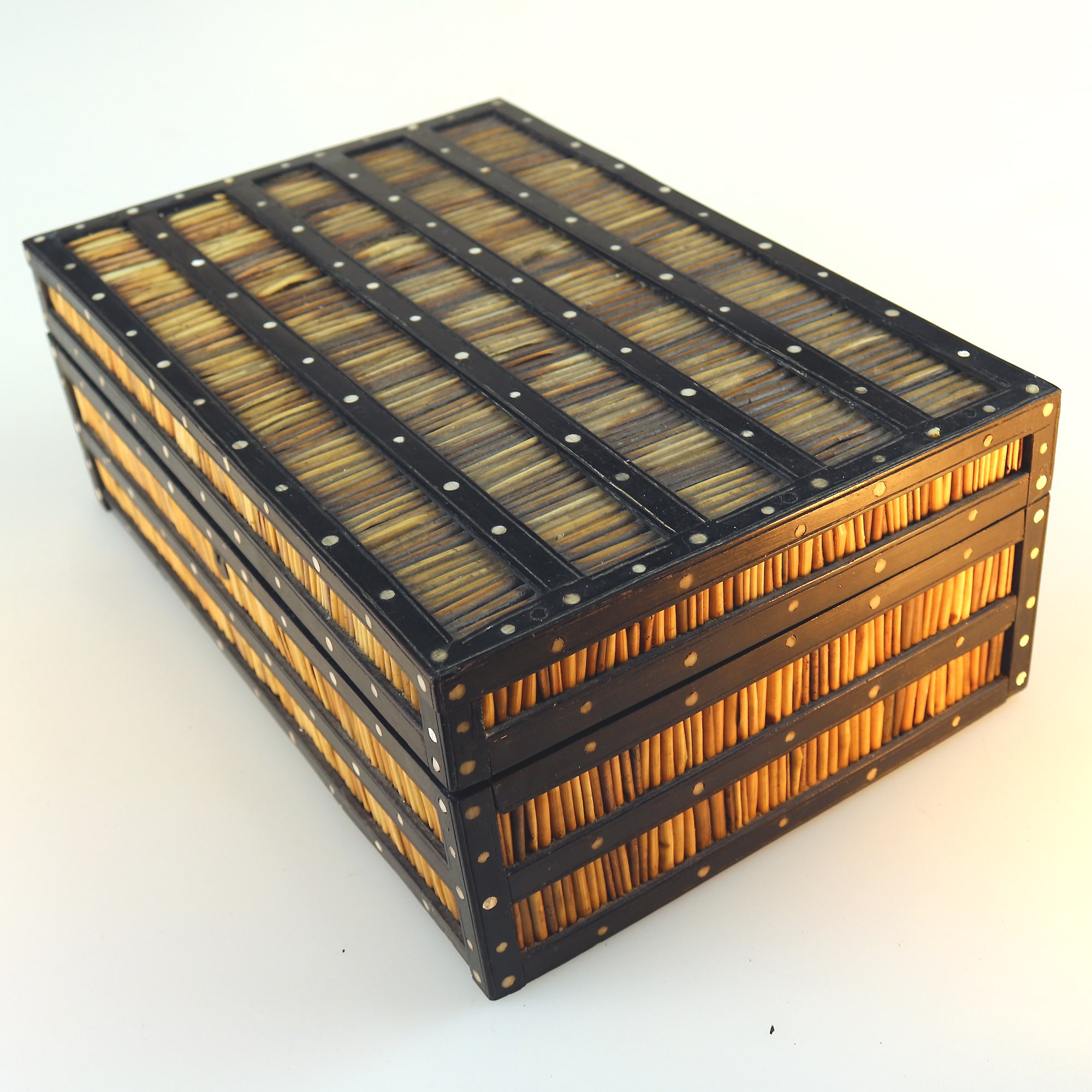 An antique Sinhalese porcupine quill & ebony fitted Workbox C.19thC