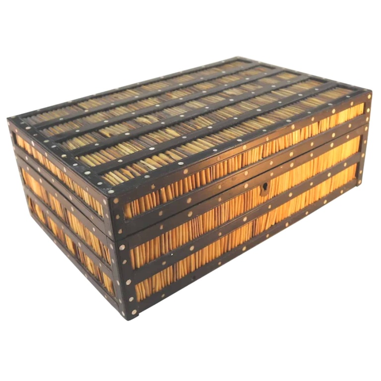 An antique Sinhalese porcupine quill & ebony fitted Workbox C.19thC