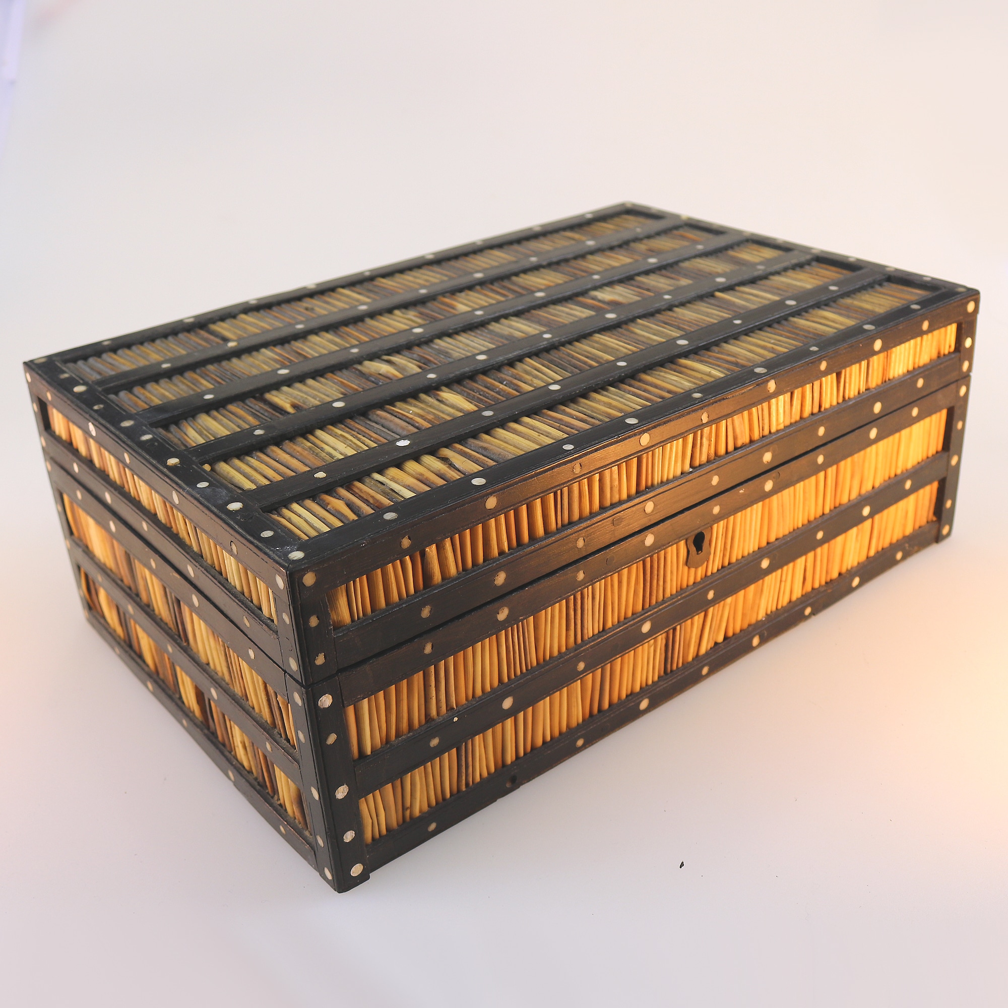 An antique Sinhalese porcupine quill & ebony fitted Workbox C.19thC