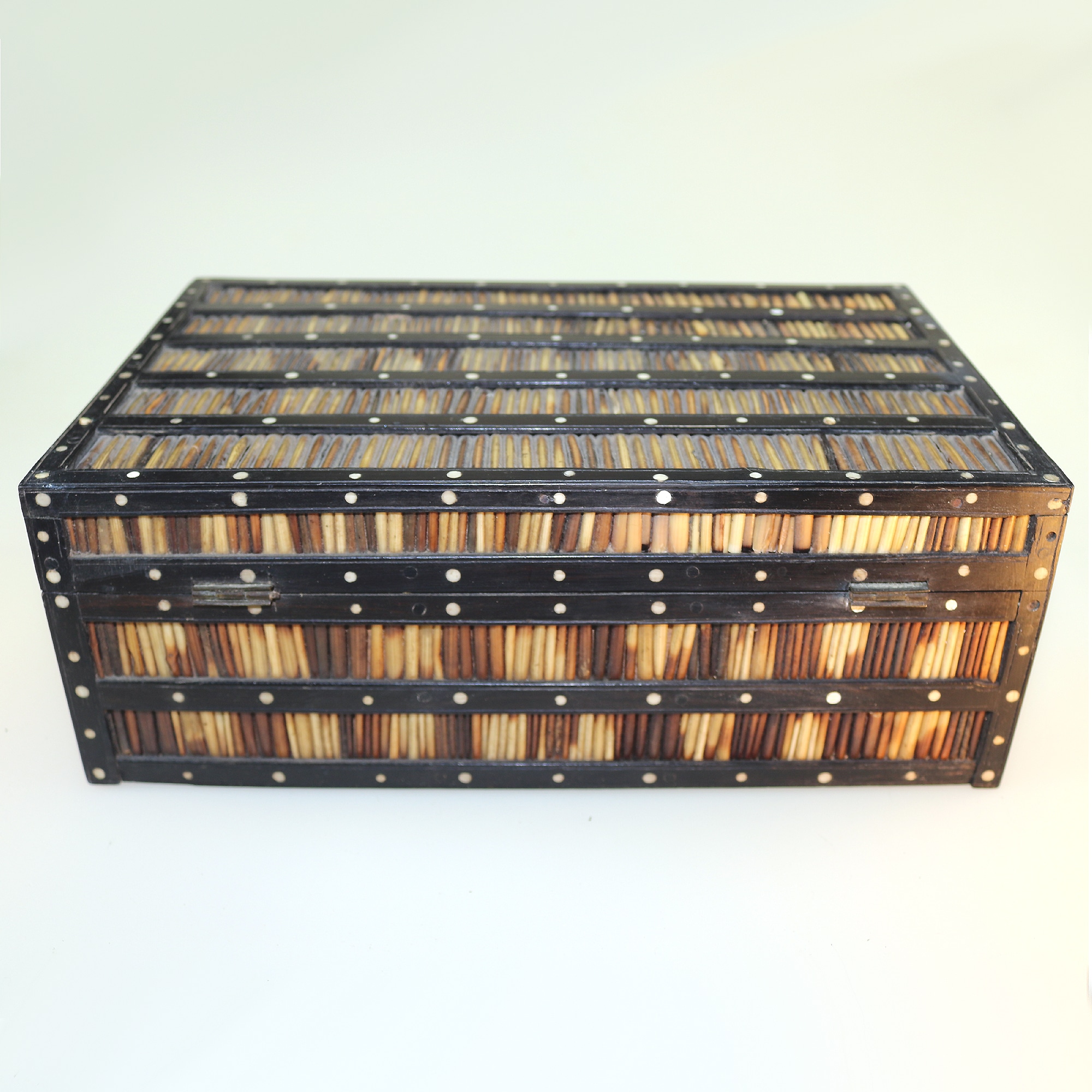 An antique Sinhalese porcupine quill & ebony fitted Workbox C.19thC