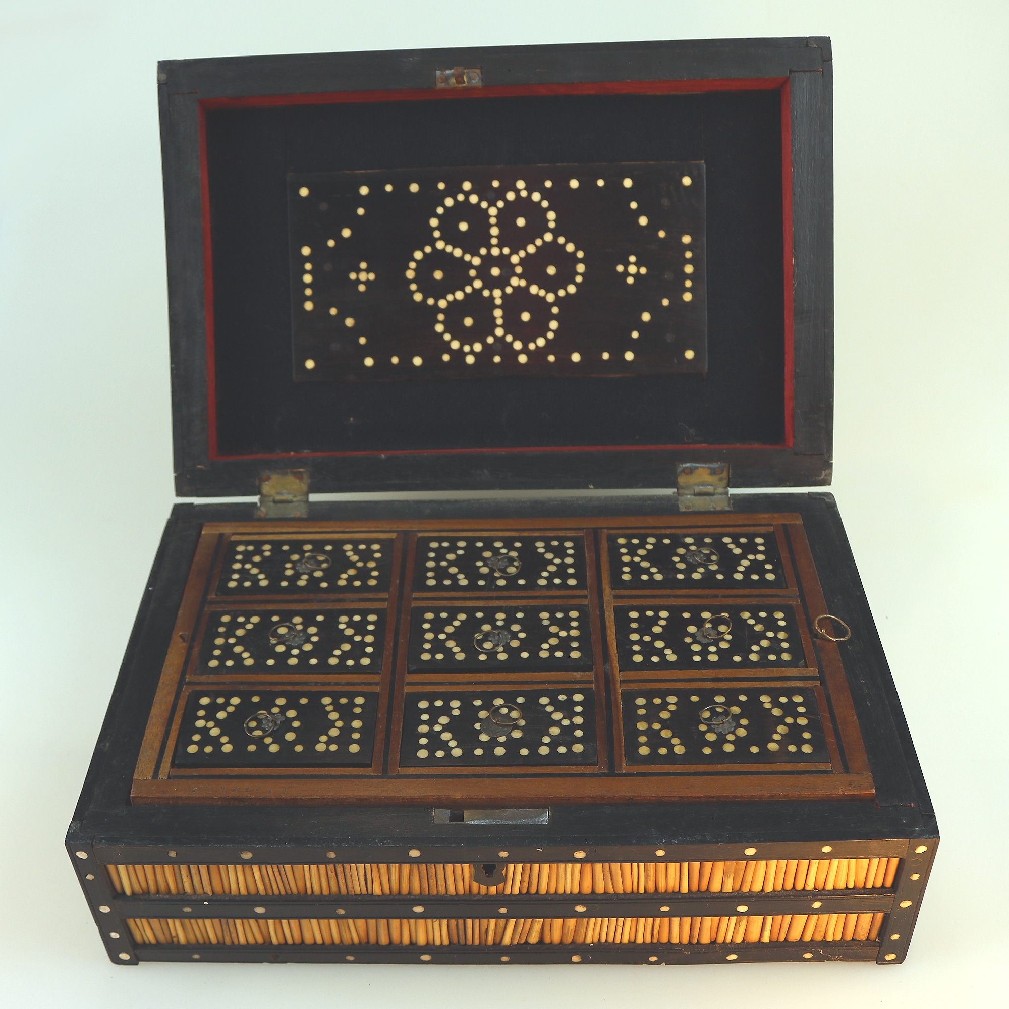 An antique Sinhalese porcupine quill & ebony fitted Workbox C.19thC
