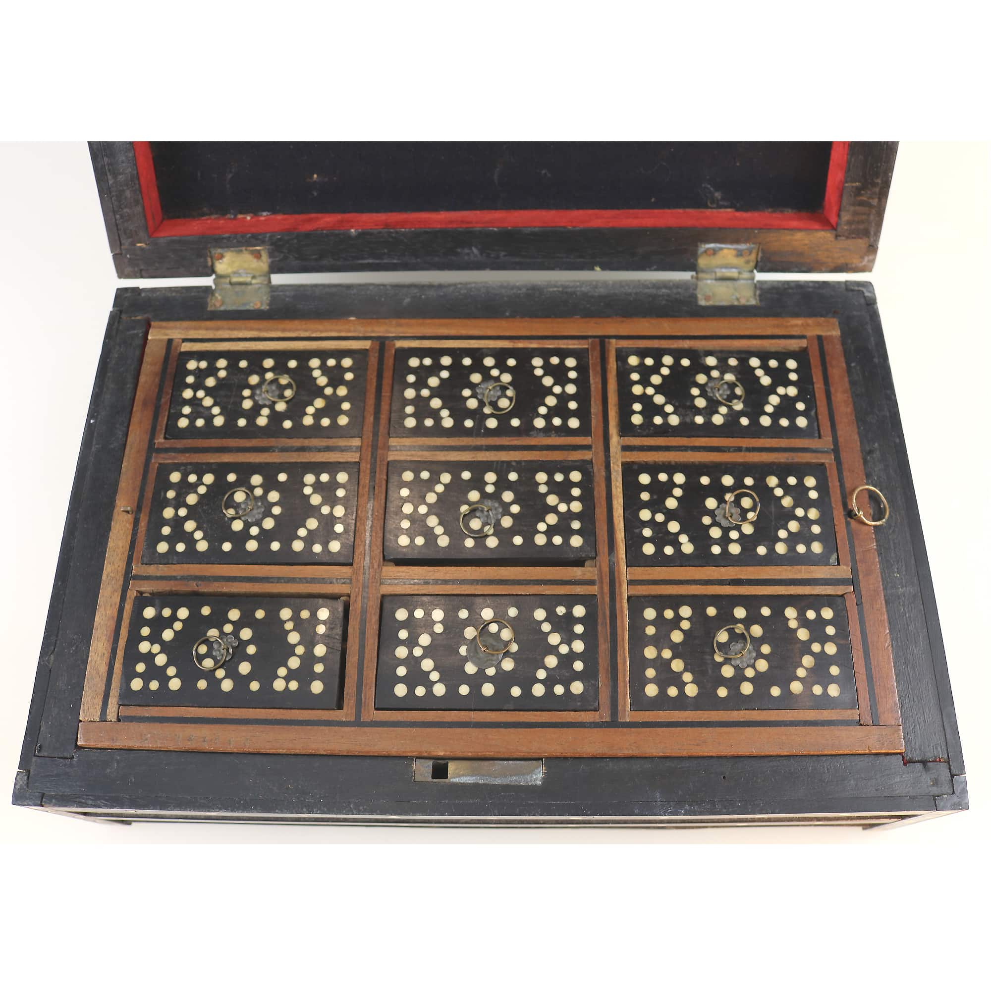 An antique Sinhalese porcupine quill & ebony fitted Workbox C.19thC