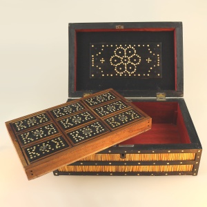 An antique Sinhalese porcupine quill & ebony fitted Workbox C.19thC