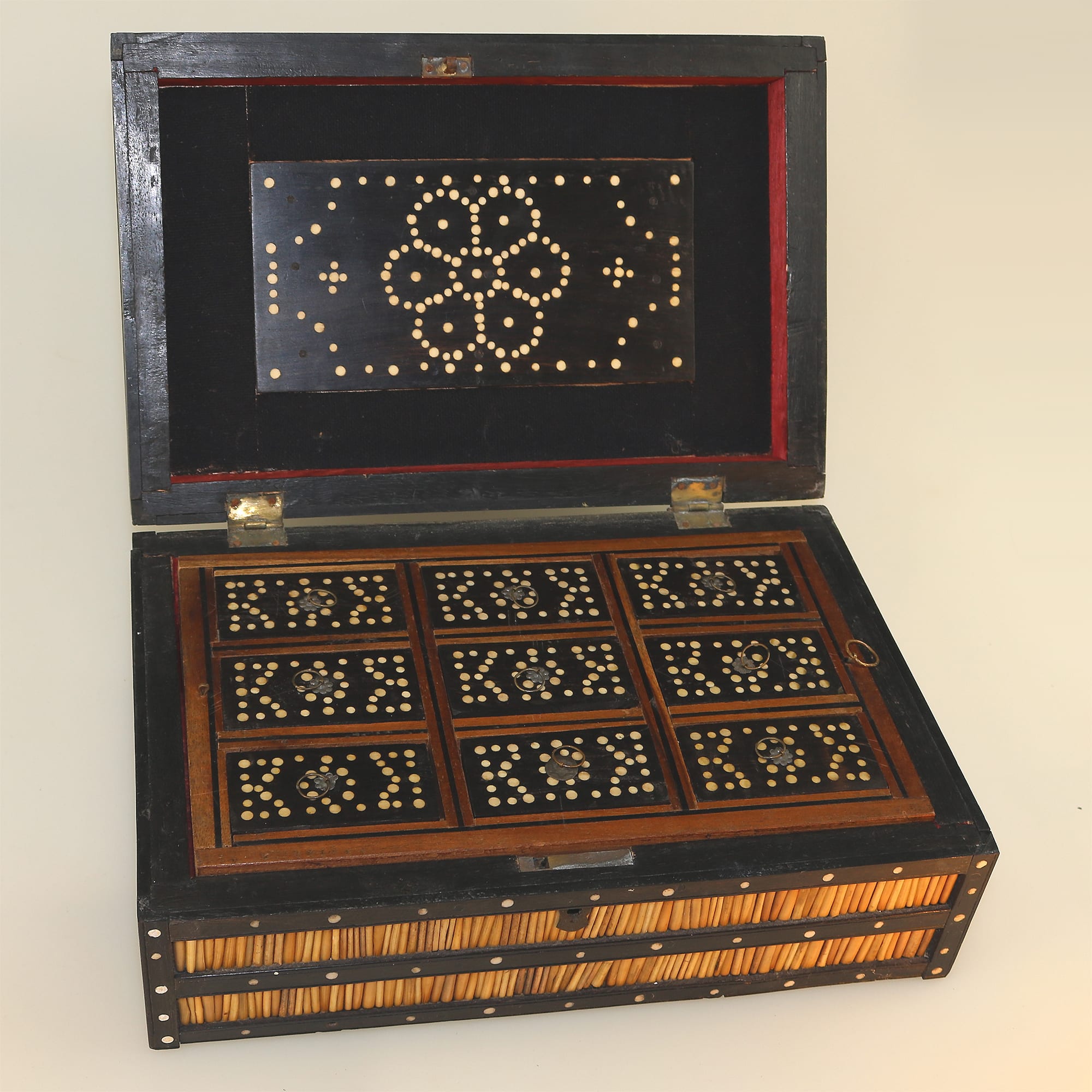 An antique Sinhalese porcupine quill & ebony fitted Workbox C.19thC