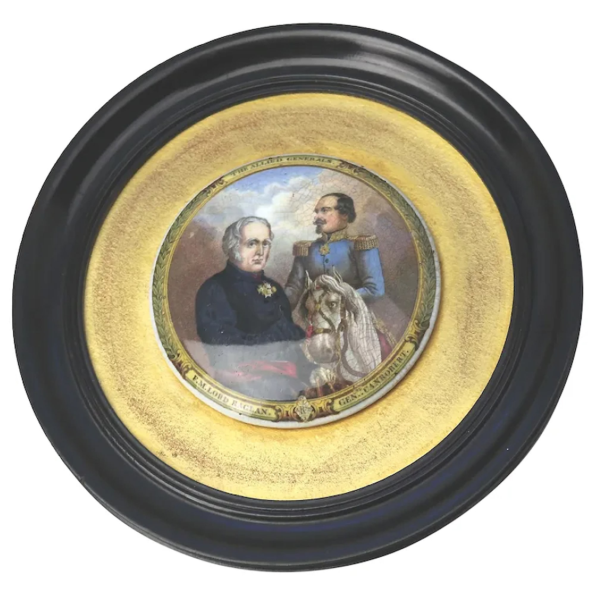 An antique framed English pottery Pot Lid Allied Generals war interest C.19thC