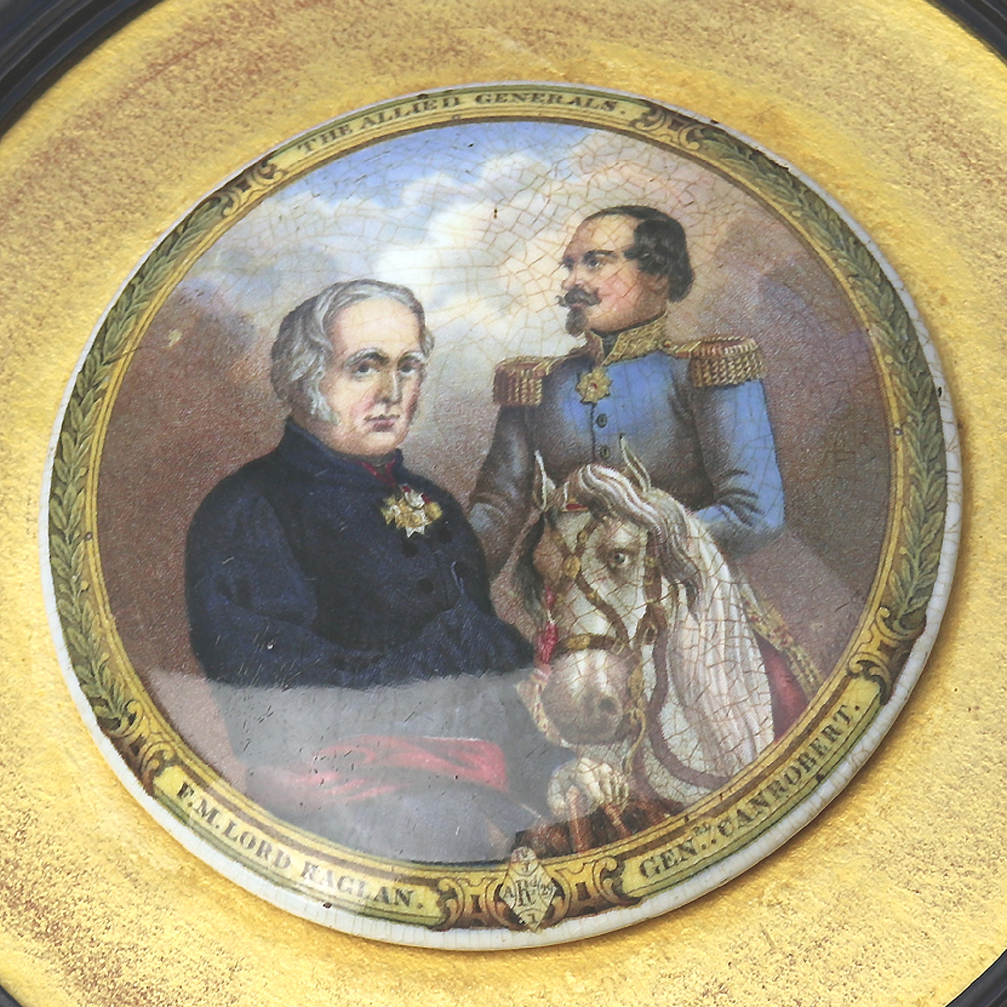 An antique framed English pottery Pot Lid Allied Generals war interest C.19thC