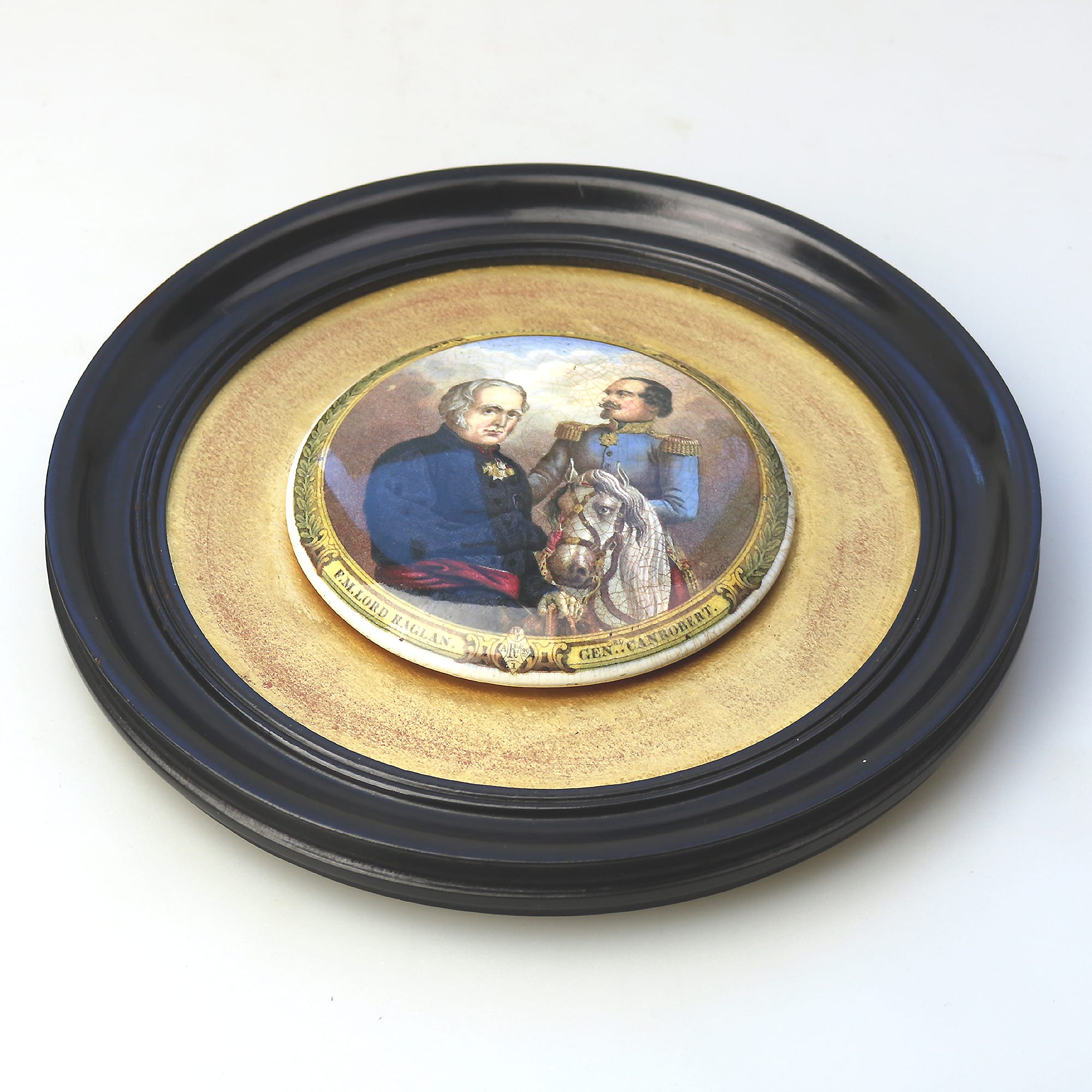 An antique framed English pottery Pot Lid Allied Generals war interest C.19thC