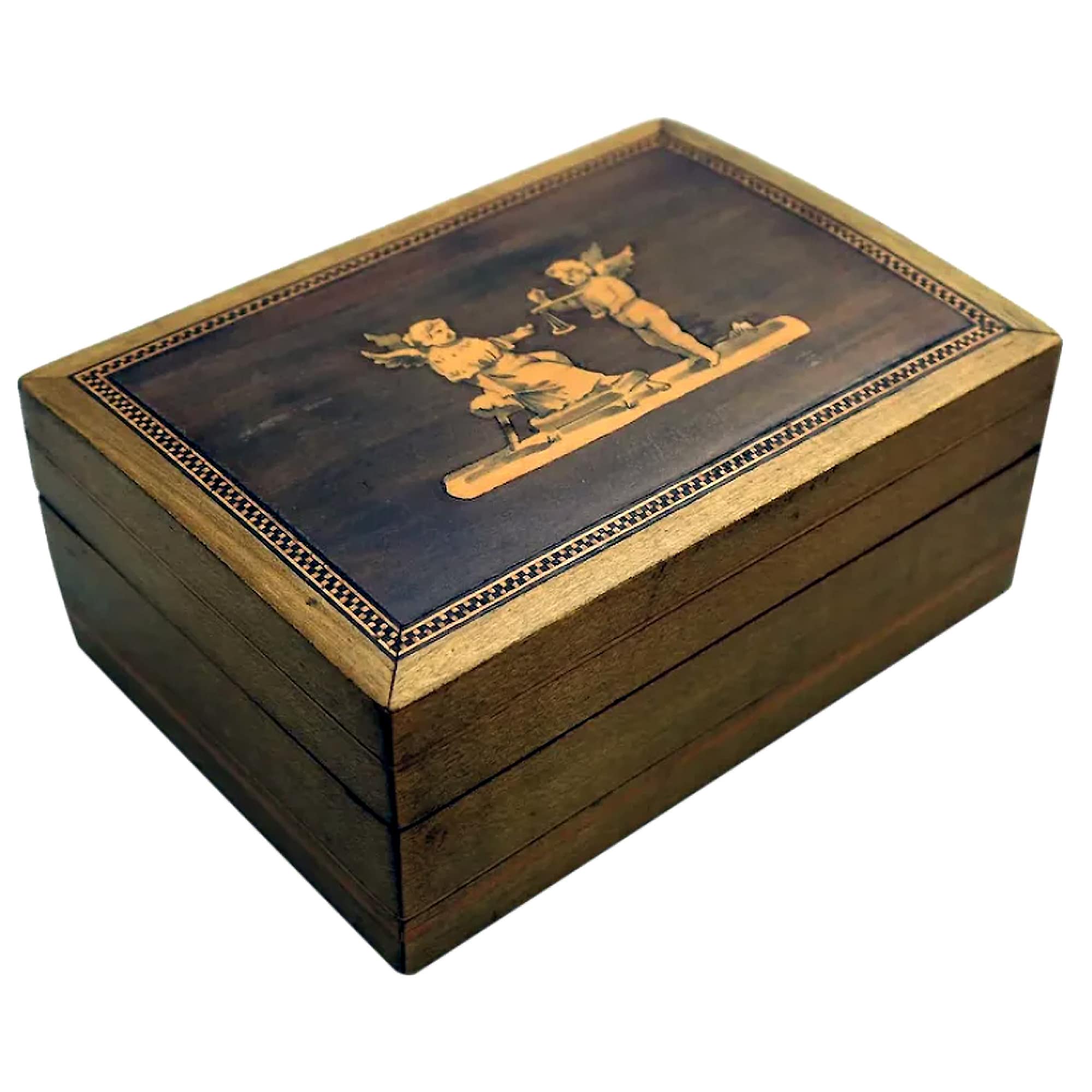 A good antique olive wood marquetry inlaid cherubs Sorrento Trinket Box C.1890
