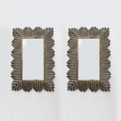Pair of Mid Century Modern Italian Brass and Leaf Murano Glass Wall Mirrors
