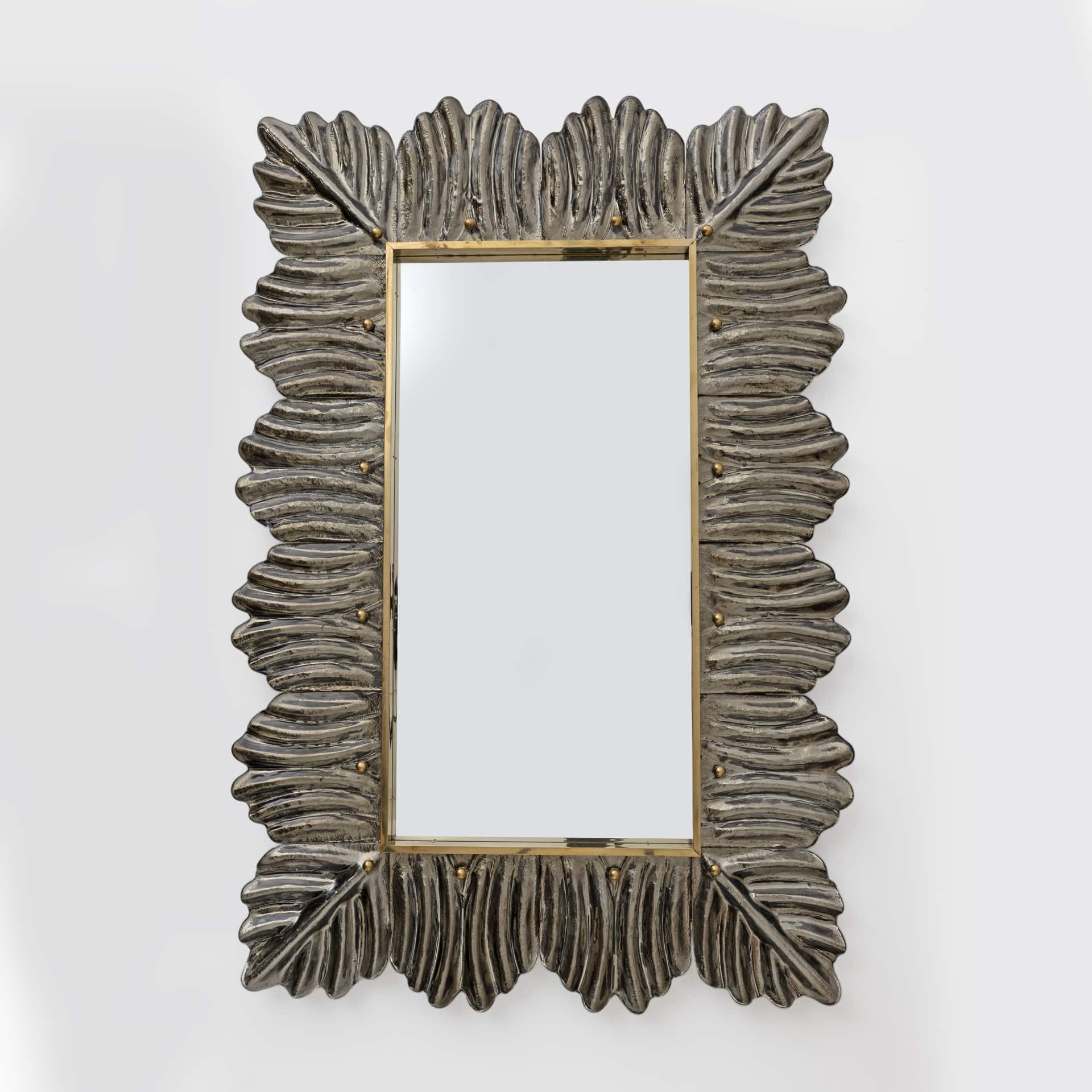 Pair of Mid Century Modern Italian Brass and Leaf Murano Glass Wall Mirrors