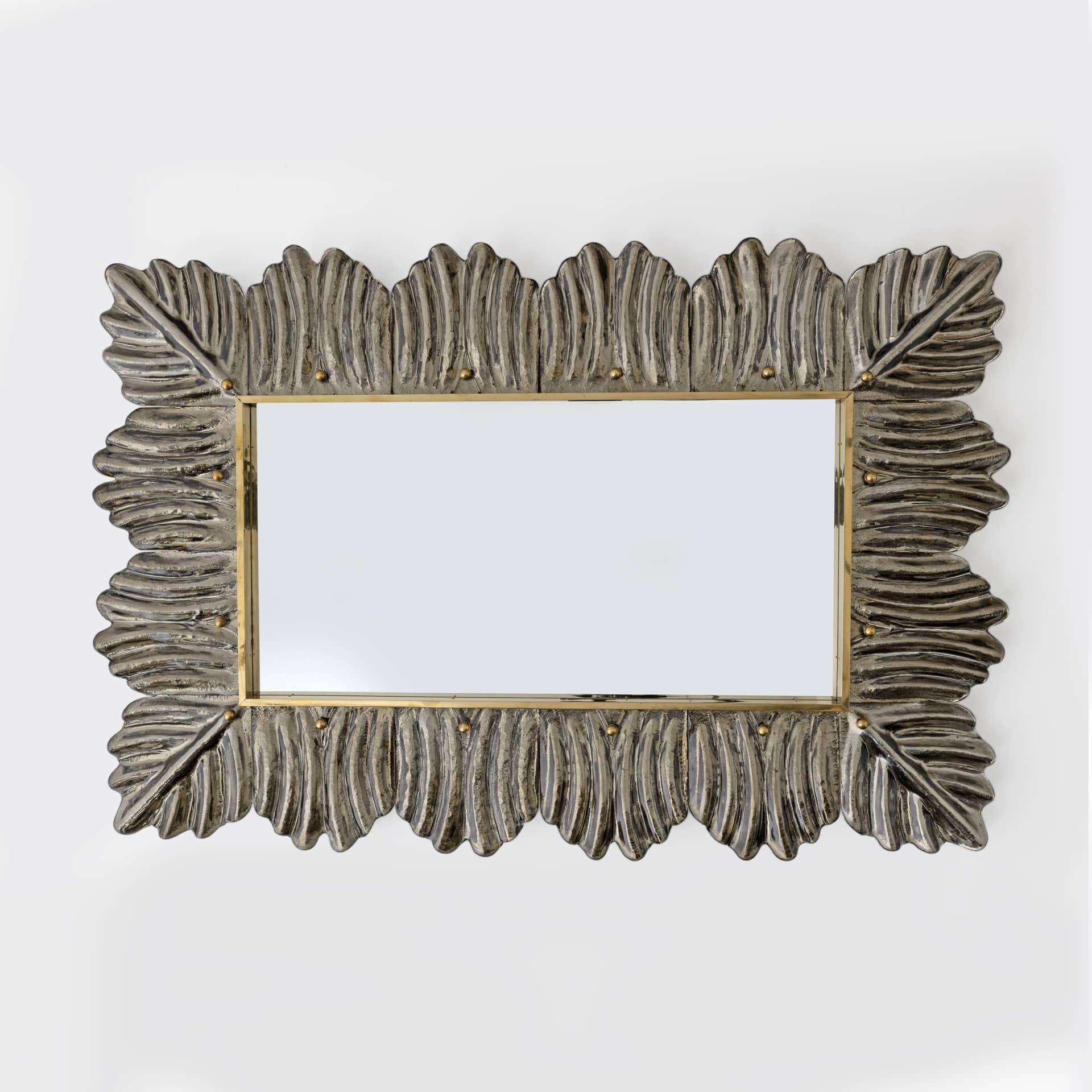 Pair of Mid Century Modern Italian Brass and Leaf Murano Glass Wall Mirrors