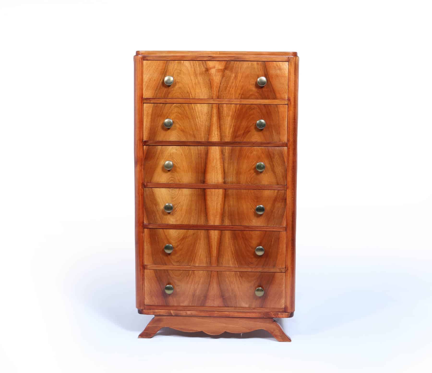 ll Slim French Walnut Art Deco Chest Of Drawers