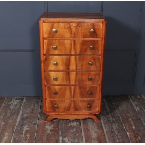 Tall Slim French Walnut Art Deco Chest Of Drawers