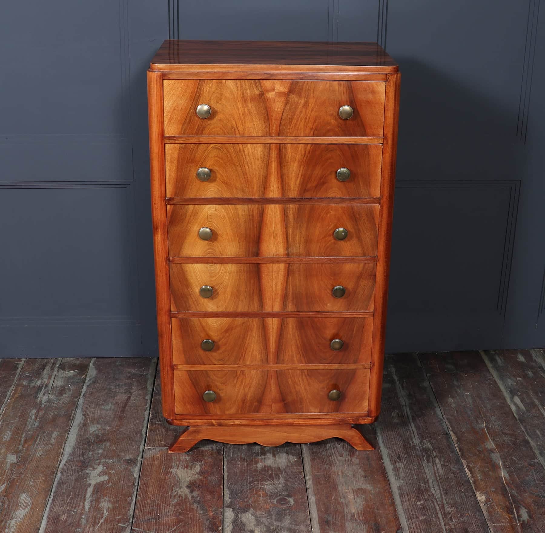 Tall Slim French Walnut Art Deco Chest Of Drawers