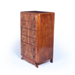 Tall Slim French Walnut Art Deco Chest Of Drawers