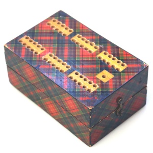 A rare antique Scottish Tartan ware sewing Advertiser Cribbage/Card Box C.19thC