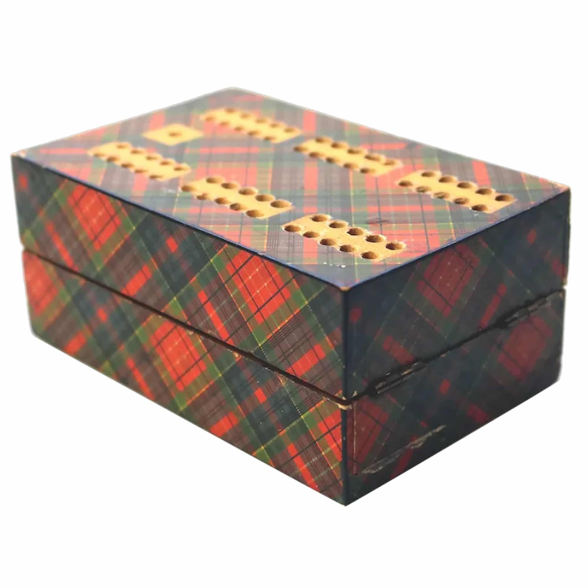 A rare antique Scottish Tartan ware sewing Advertiser Cribbage/Card Box C.19thC