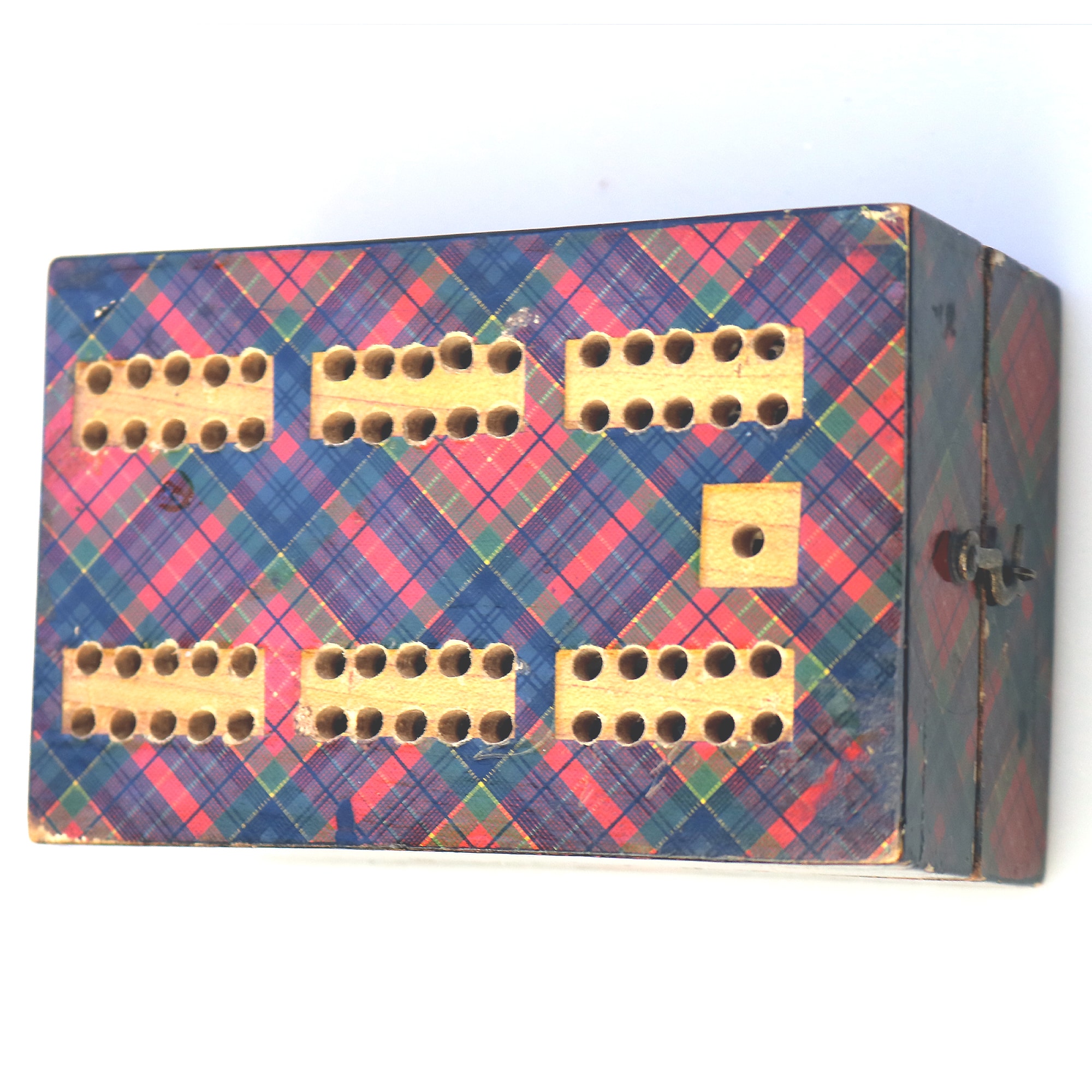 A rare antique Scottish Tartan ware sewing Advertiser Cribbage/Card Box C.19thC