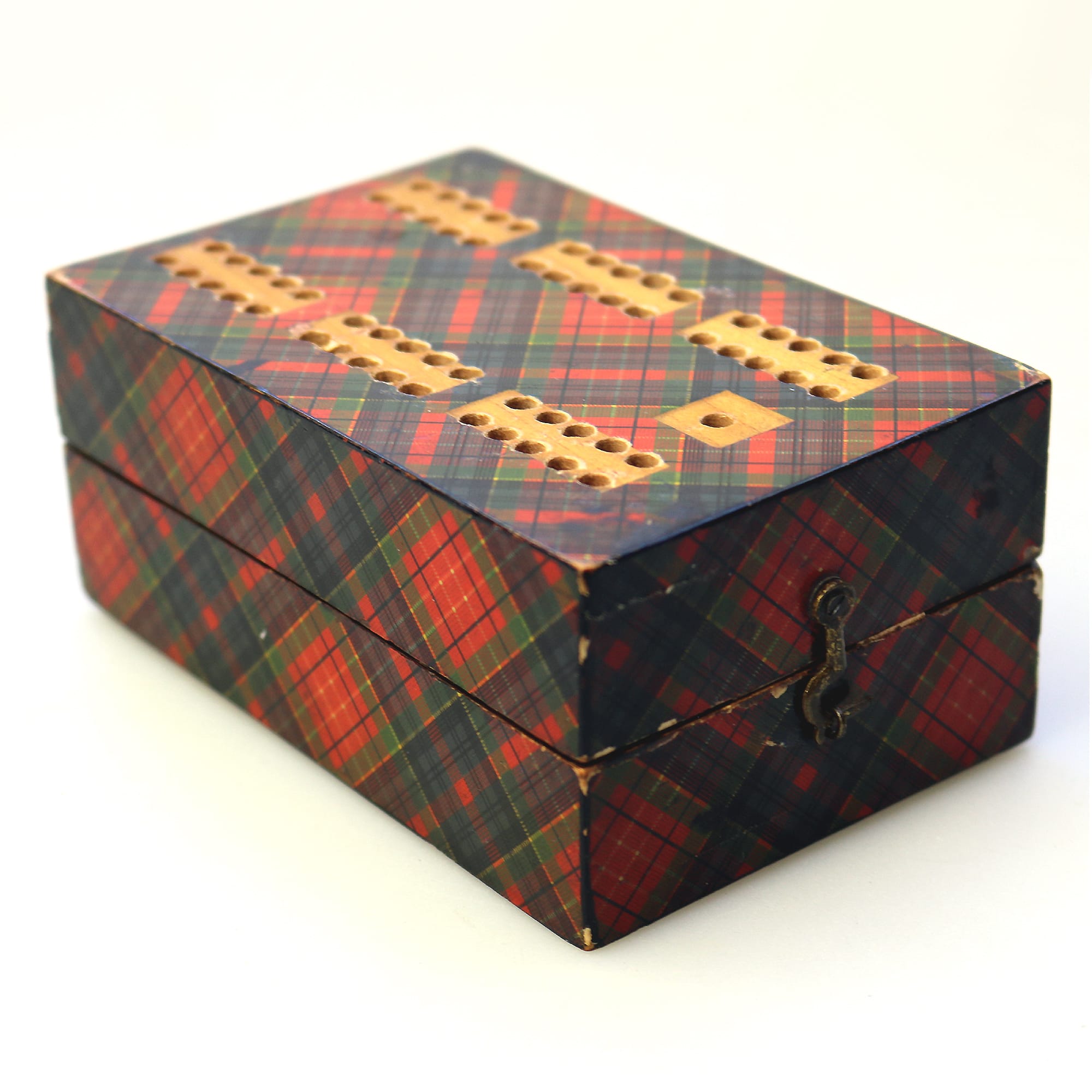 A rare antique Scottish Tartan ware sewing Advertiser Cribbage/Card Box C.19thC