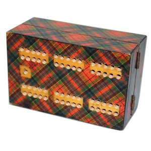 A rare antique Scottish Tartan ware sewing Advertiser Cribbage/Card Box C.19thC