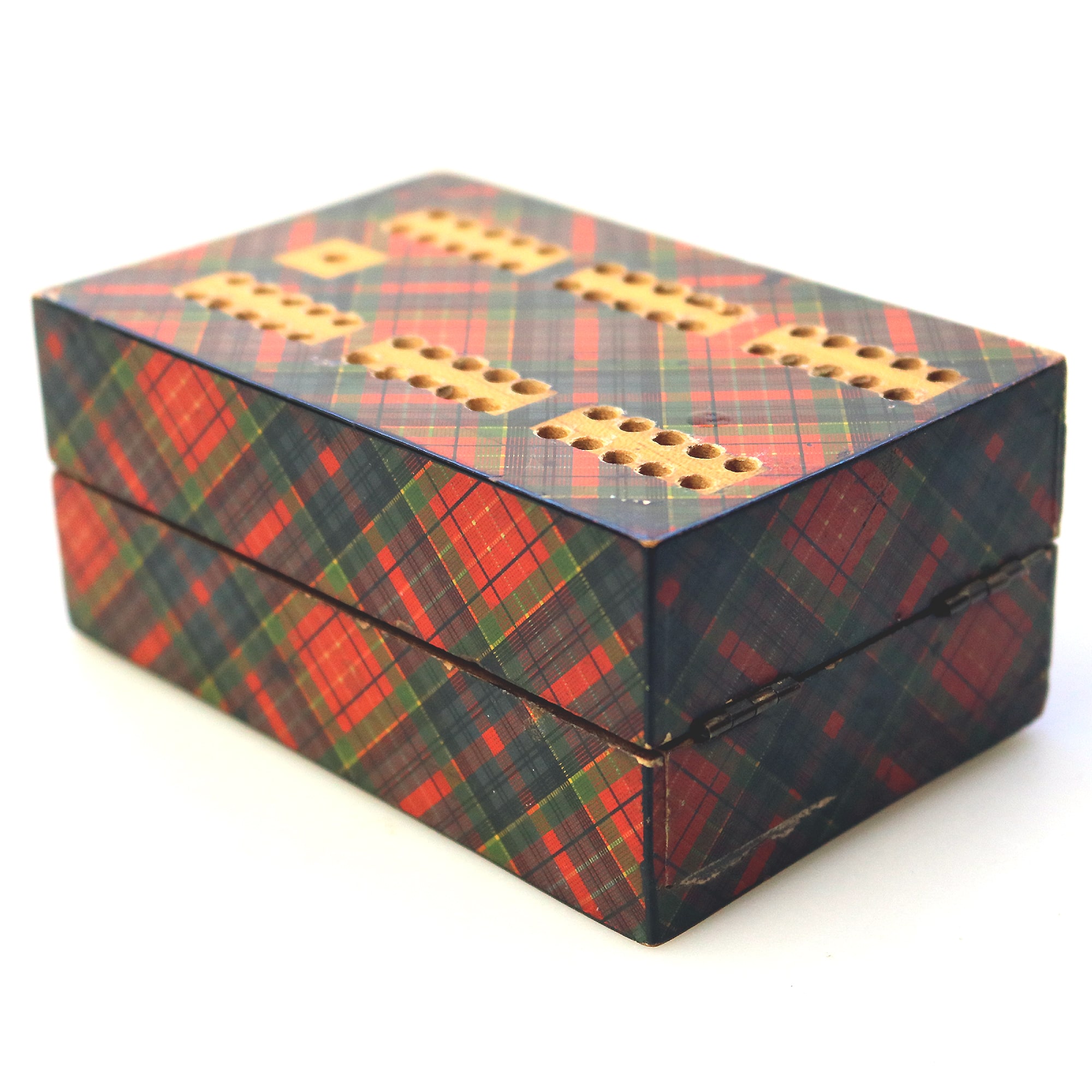 A rare antique Scottish Tartan ware sewing Advertiser Cribbage/Card Box C.19thC