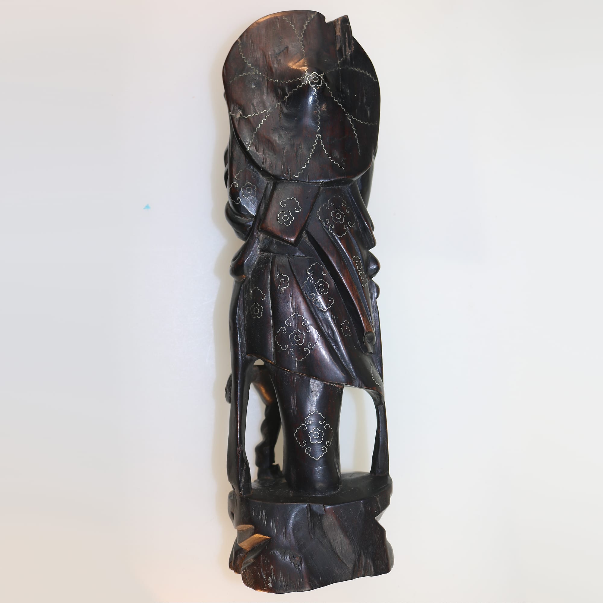 A large antique Chinese silver inlaid hardwood carved Warrior Figurine C.19thC