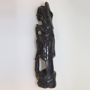 A large antique Chinese silver inlaid hardwood carved Warrior Figurine C.19thC