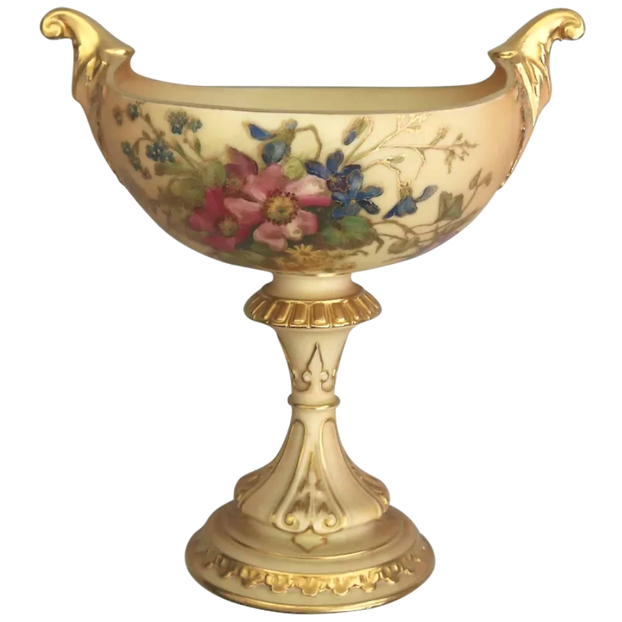 A large & scarce antique Royal Worcester porcelain hand-painted navette Vase 1912