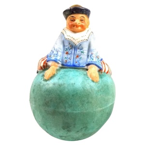 A rare antique coloured bisque porcelain novelty Roly Poly Clown Figure C.1900+