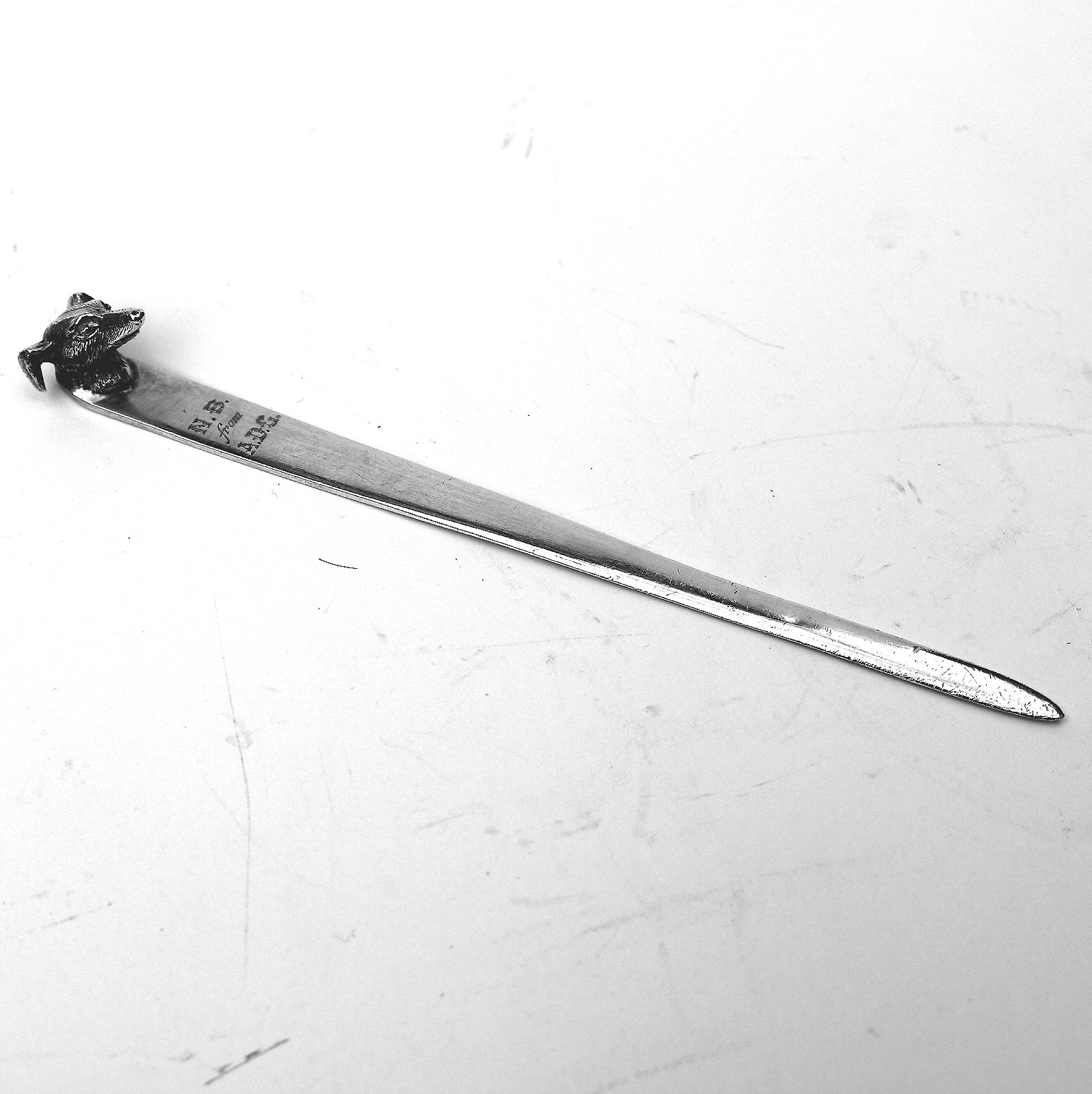 George V English solid silver novelty greyhound dog's head Letter Opener C.1929