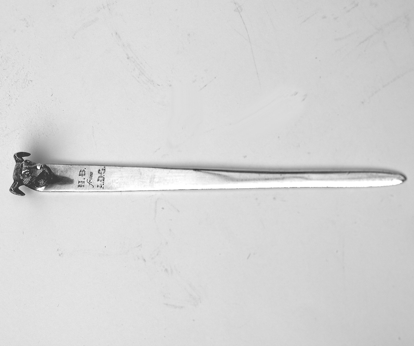 George V English solid silver novelty greyhound dog's head Letter Opener C.1929