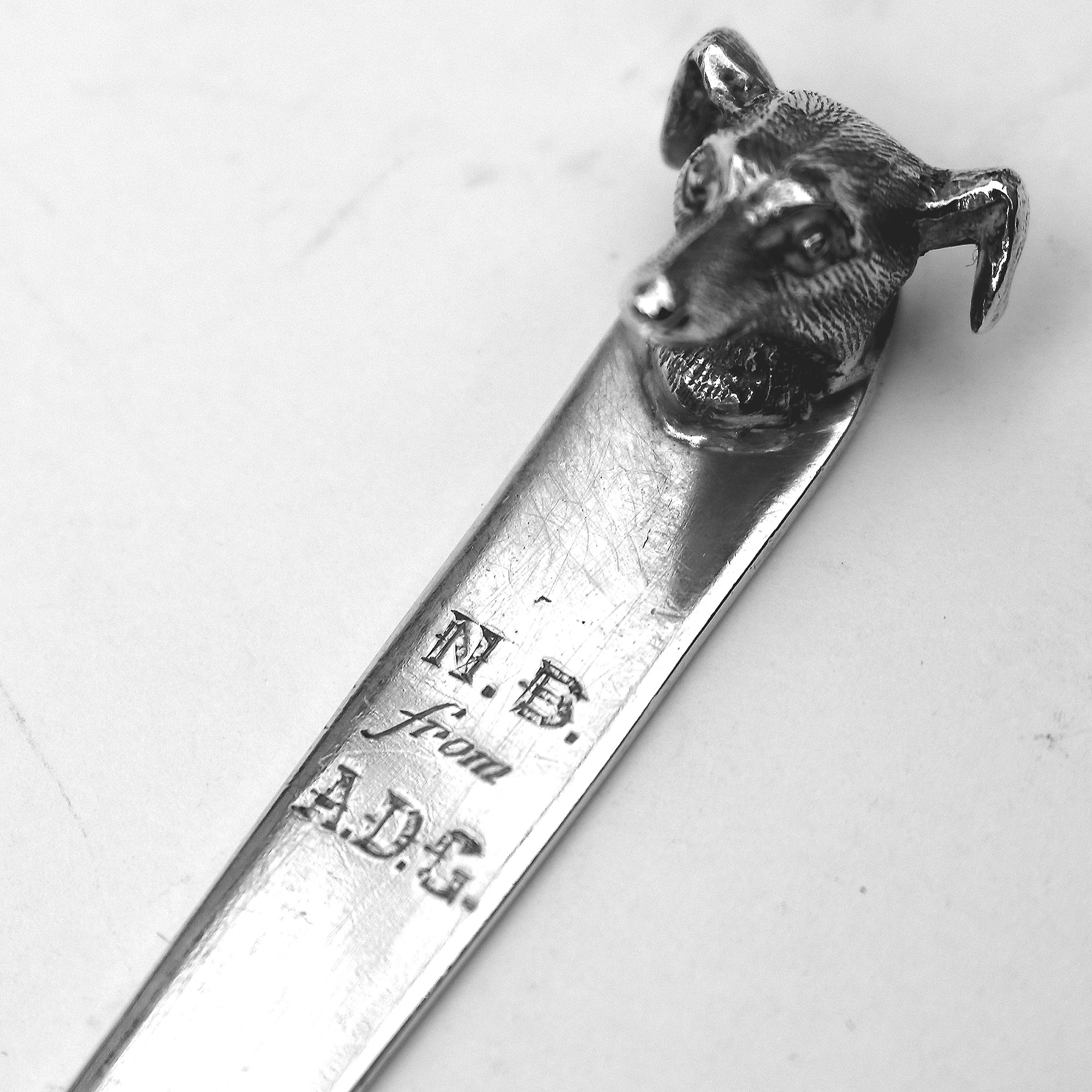 George V English solid silver novelty greyhound dog's head Letter Opener C.1929