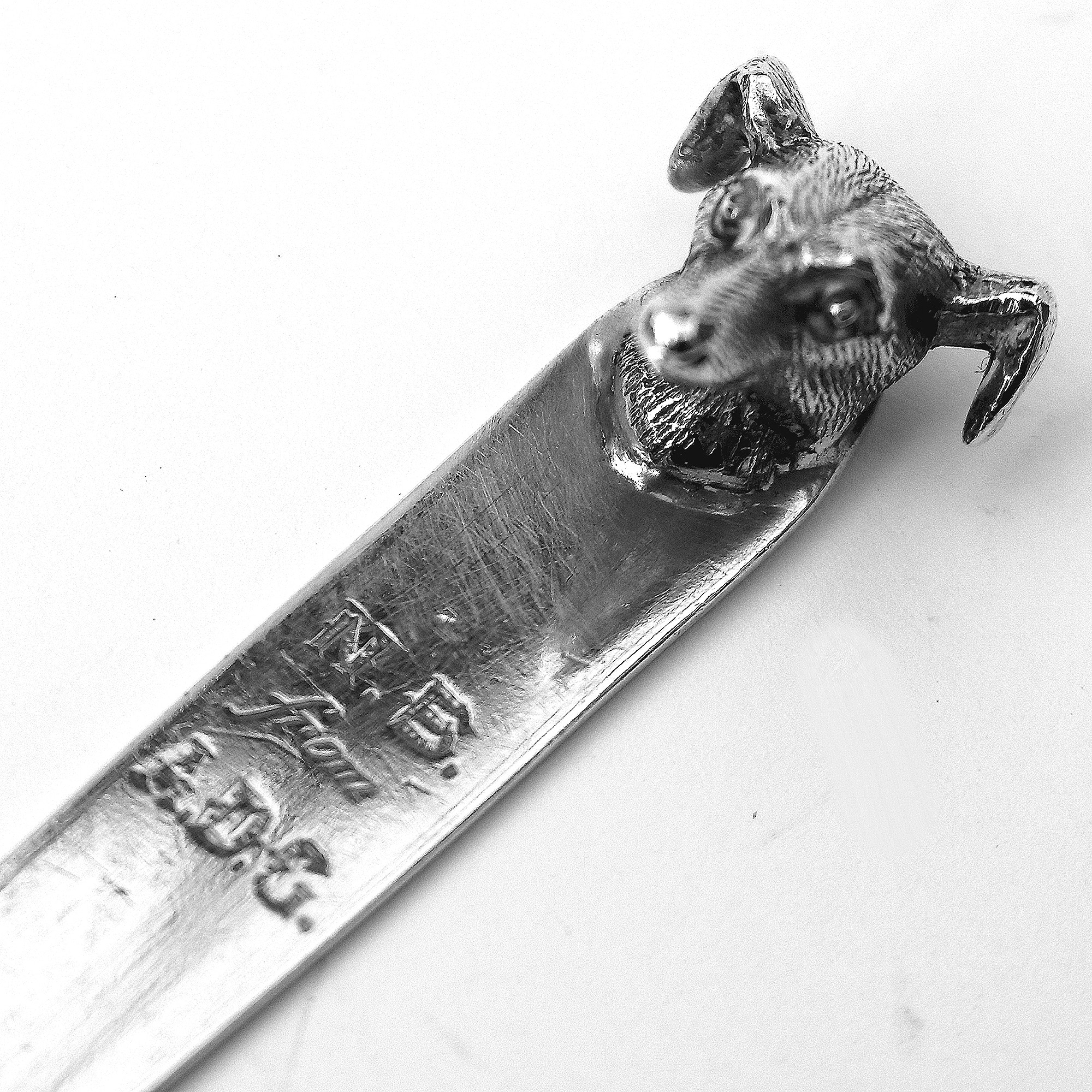 George V English solid silver novelty greyhound dog's head Letter Opener C.1929