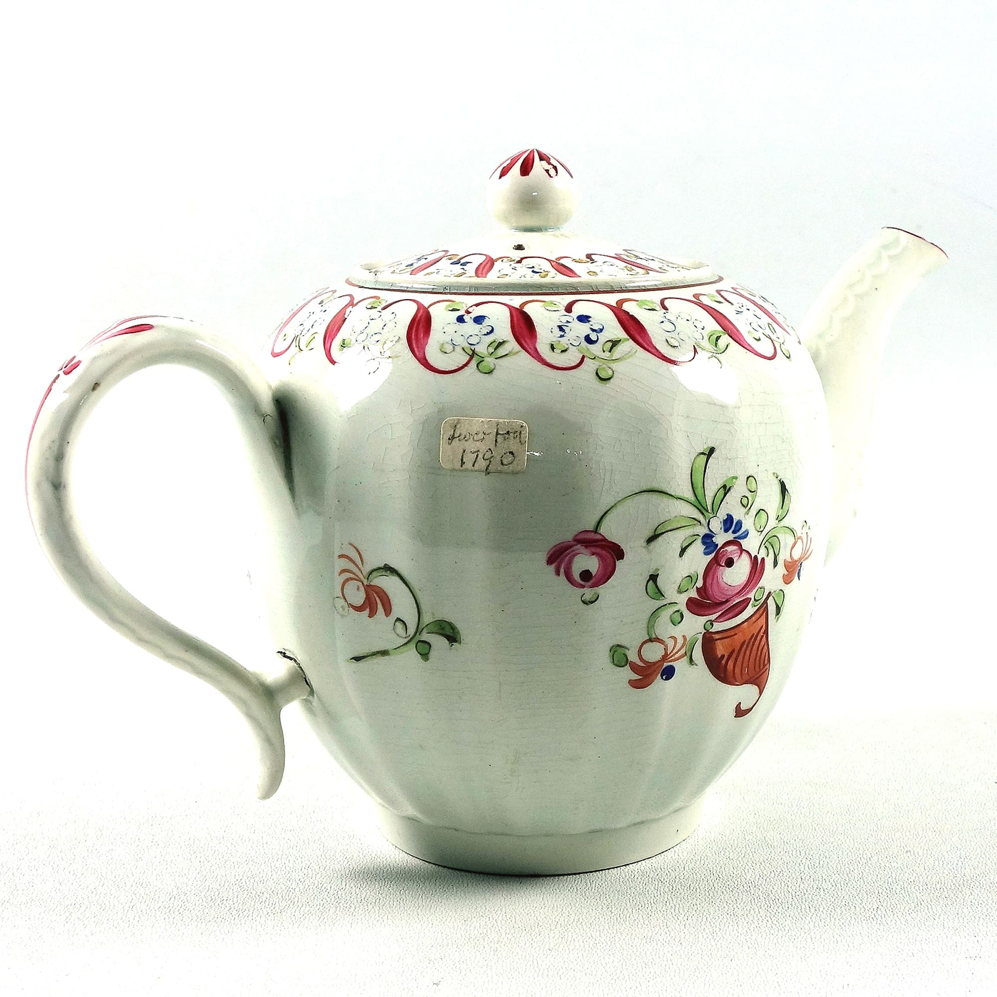 An English antique Georgian hand-painted pottery Liverpool Teapot C.1790