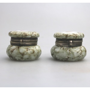 A pair of antique porcelain Continental cherub lidded Jars / Boxes C.19thC