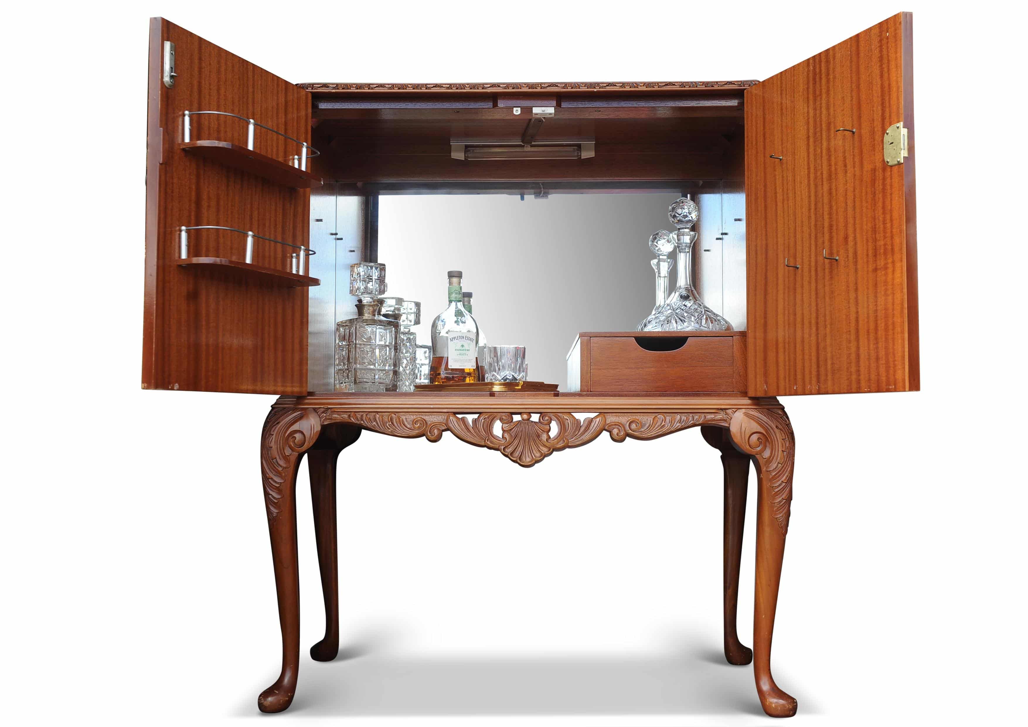 A Luxurious Dry Bar, Cocktail Cabinet With Lighted & Fitted Mirrored Interior