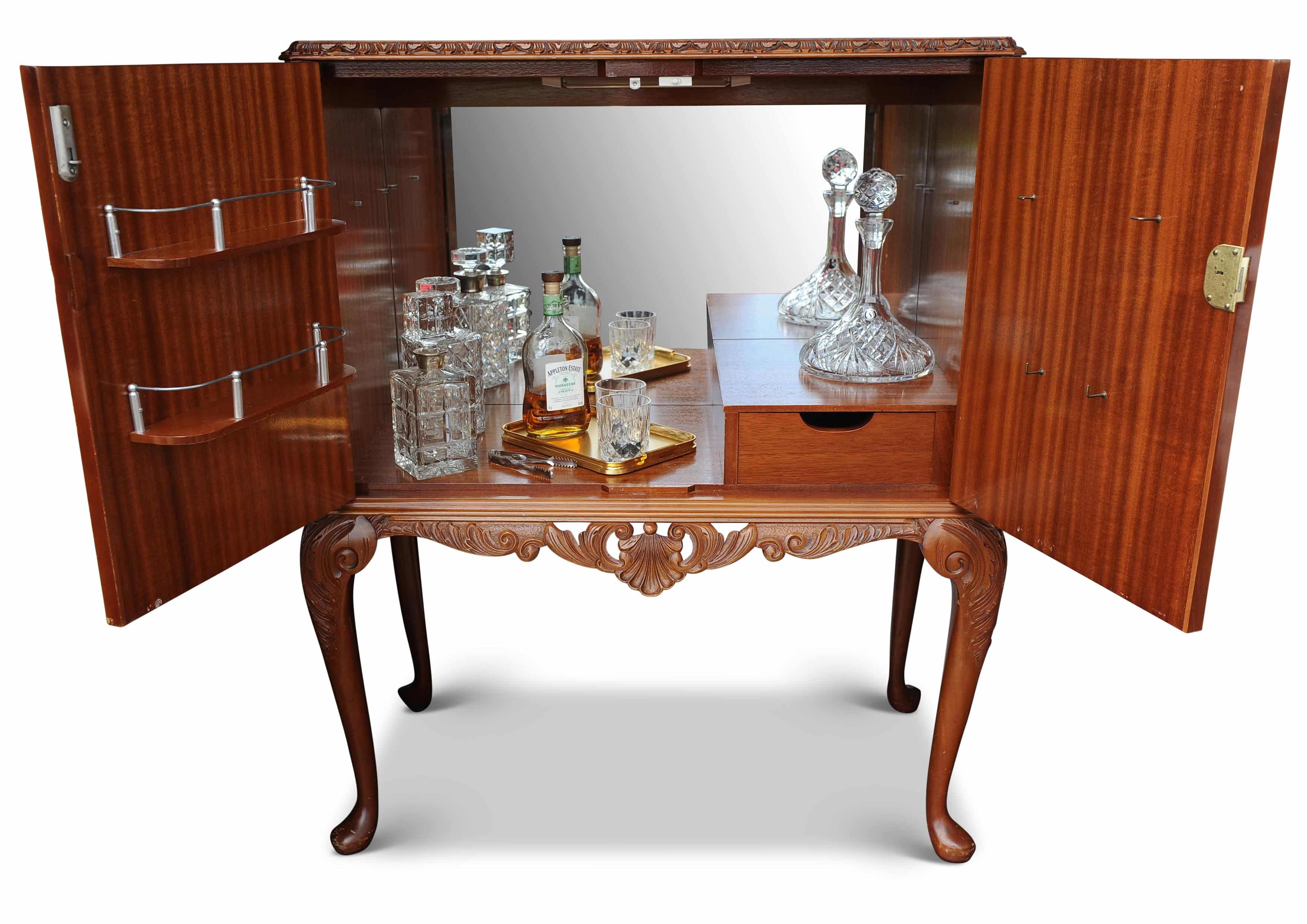 A Luxurious Dry Bar, Cocktail Cabinet With Lighted & Fitted Mirrored Interior