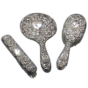 English solid silver Green Man Bird Mirror & Hairbrush + 1 Clothes Brush C.20thC