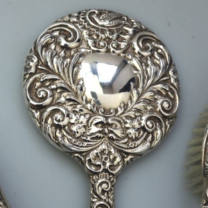 English solid silver Green Man Bird Mirror & Hairbrush + 1 Clothes Brush C.20thC