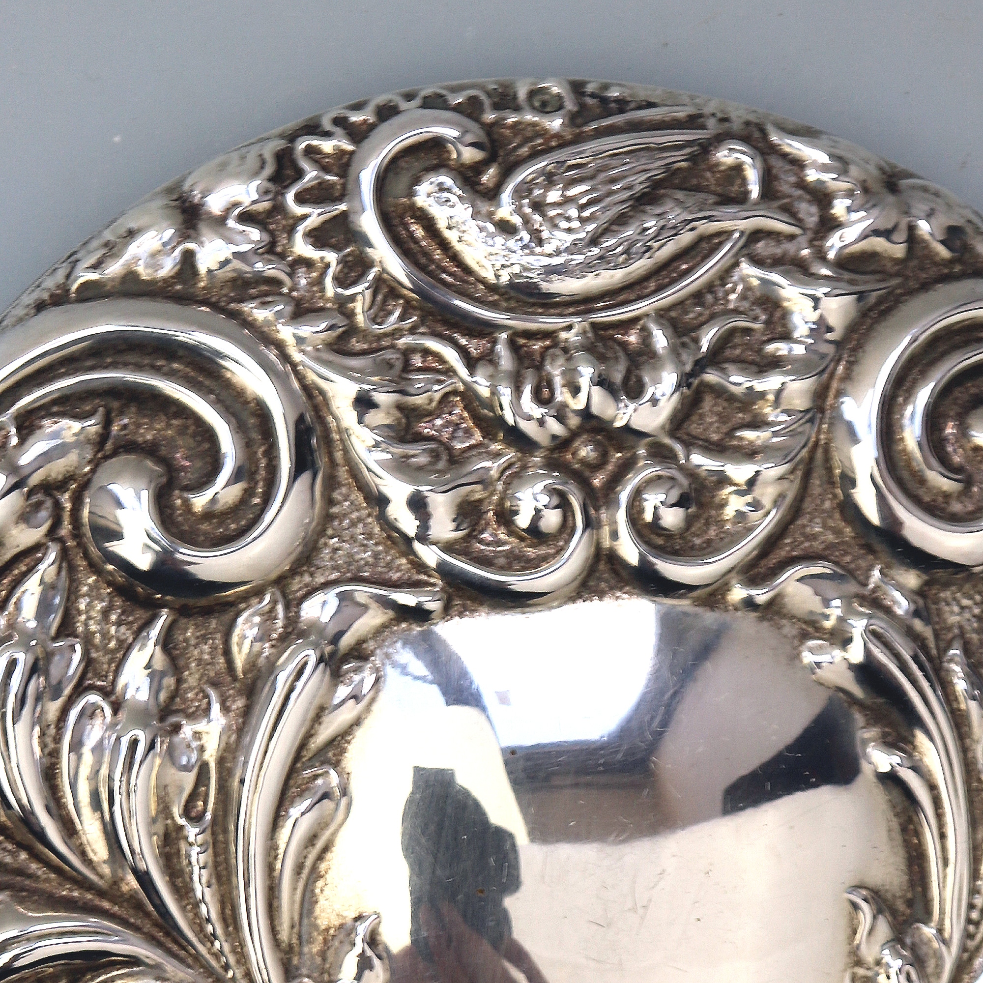 English solid silver Green Man Bird Mirror & Hairbrush + 1 Clothes Brush C.20thC