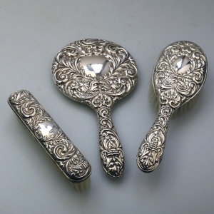 English solid silver Green Man Bird Mirror & Hairbrush + 1 Clothes Brush C.20thC