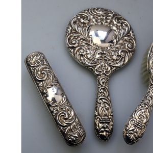 English solid silver Green Man Bird Mirror & Hairbrush + 1 Clothes Brush C.20thC