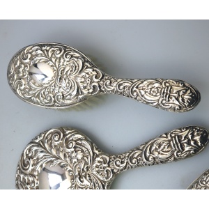 English solid silver Green Man Bird Mirror & Hairbrush + 1 Clothes Brush C.20thC