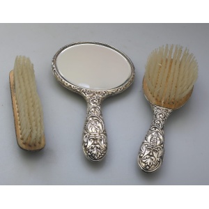 English solid silver Green Man Bird Mirror & Hairbrush + 1 Clothes Brush C.20thC