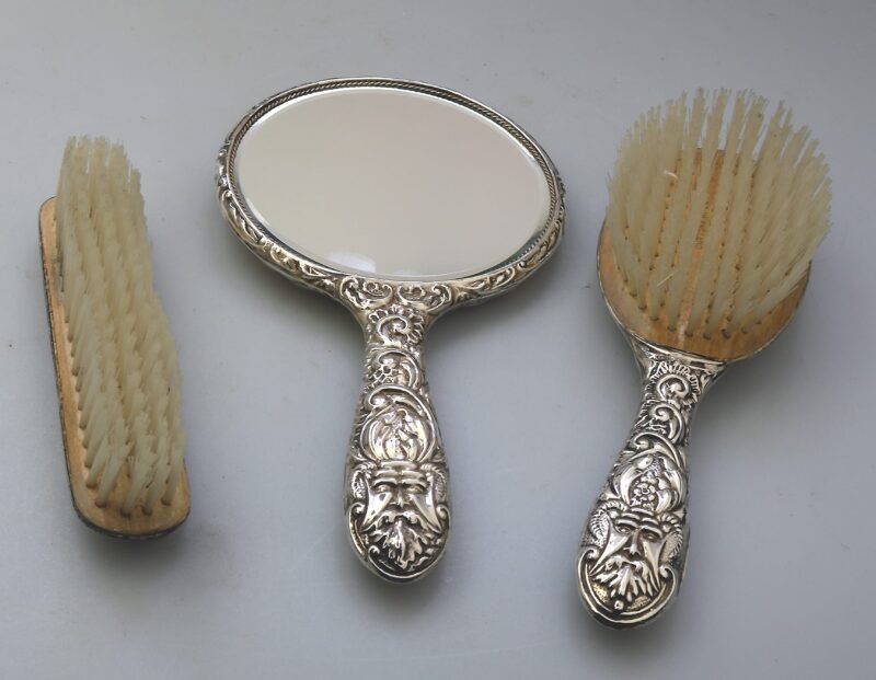 English solid silver Green Man Bird Mirror & Hairbrush + 1 Clothes Brush C.20thC