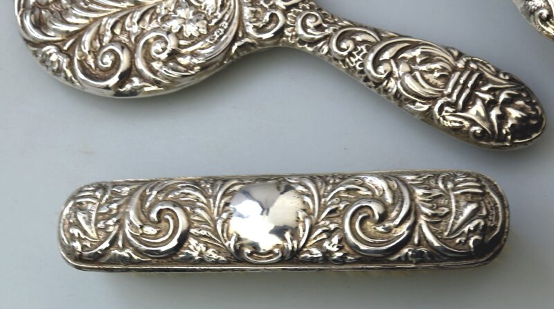 English solid silver Green Man Bird Mirror & Hairbrush + 1 Clothes Brush C.20thC