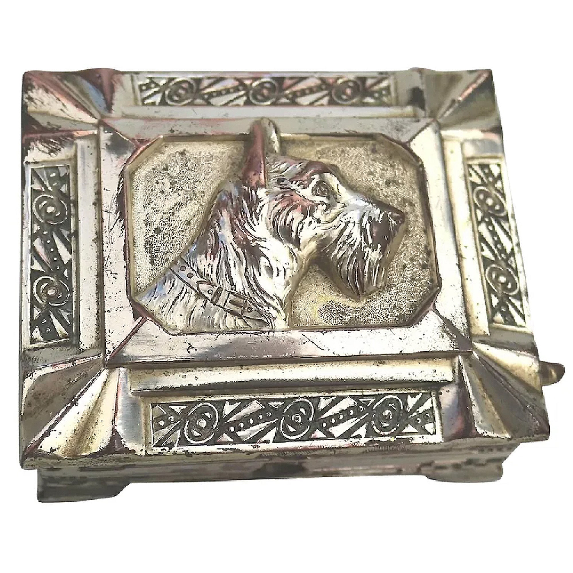 A rare Art Deco novelty silver plate Automaton Cigarette Box with a Scottie 1920