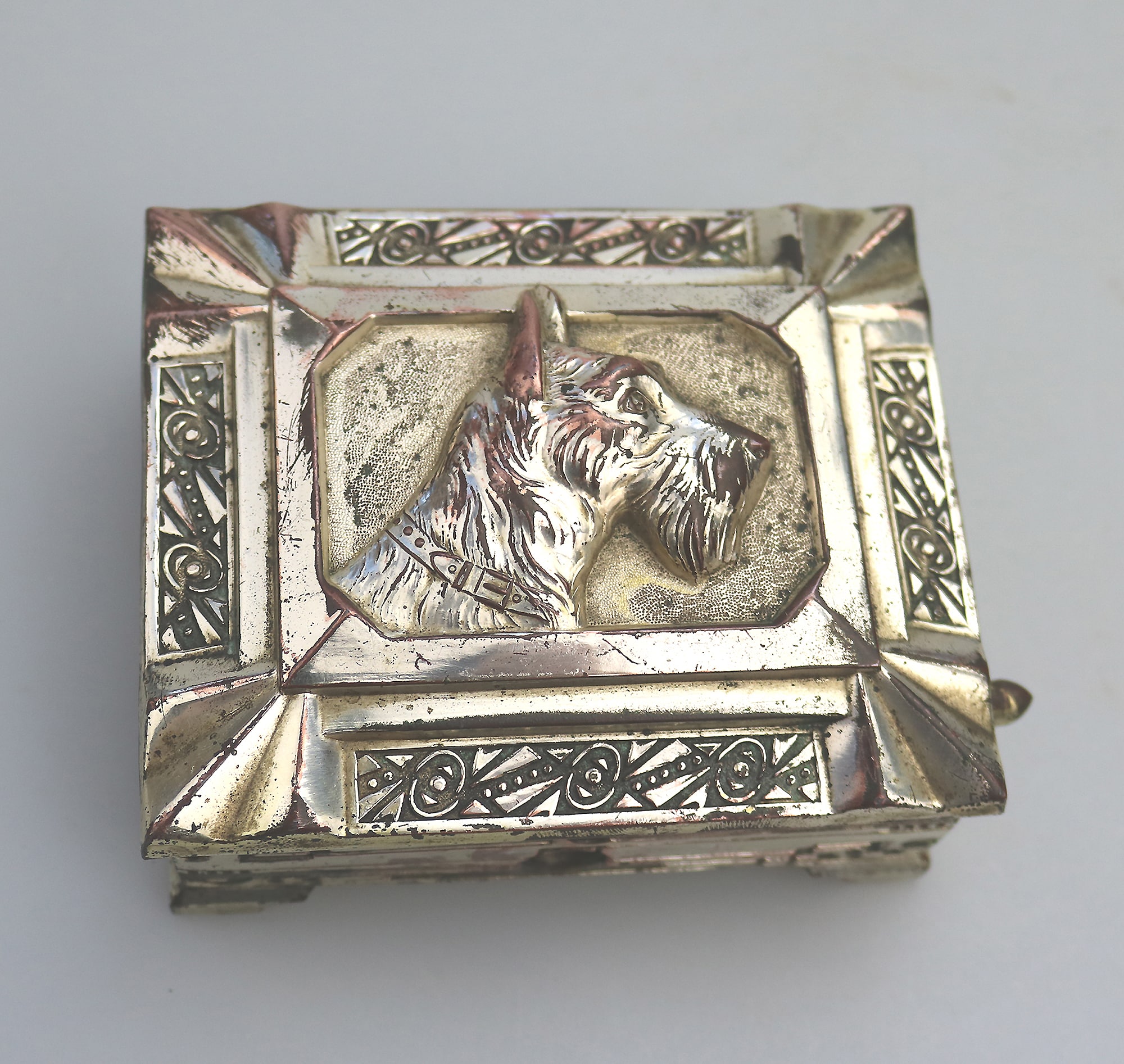 A rare Art Deco novelty silver plate Automaton Cigarette Box with a Scottie 1920