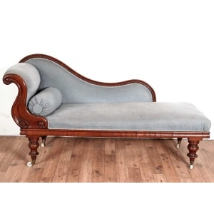 A Victorian Mahogany Swan Back Chaise Longue Upholstered in a Blue Velvet Fabric