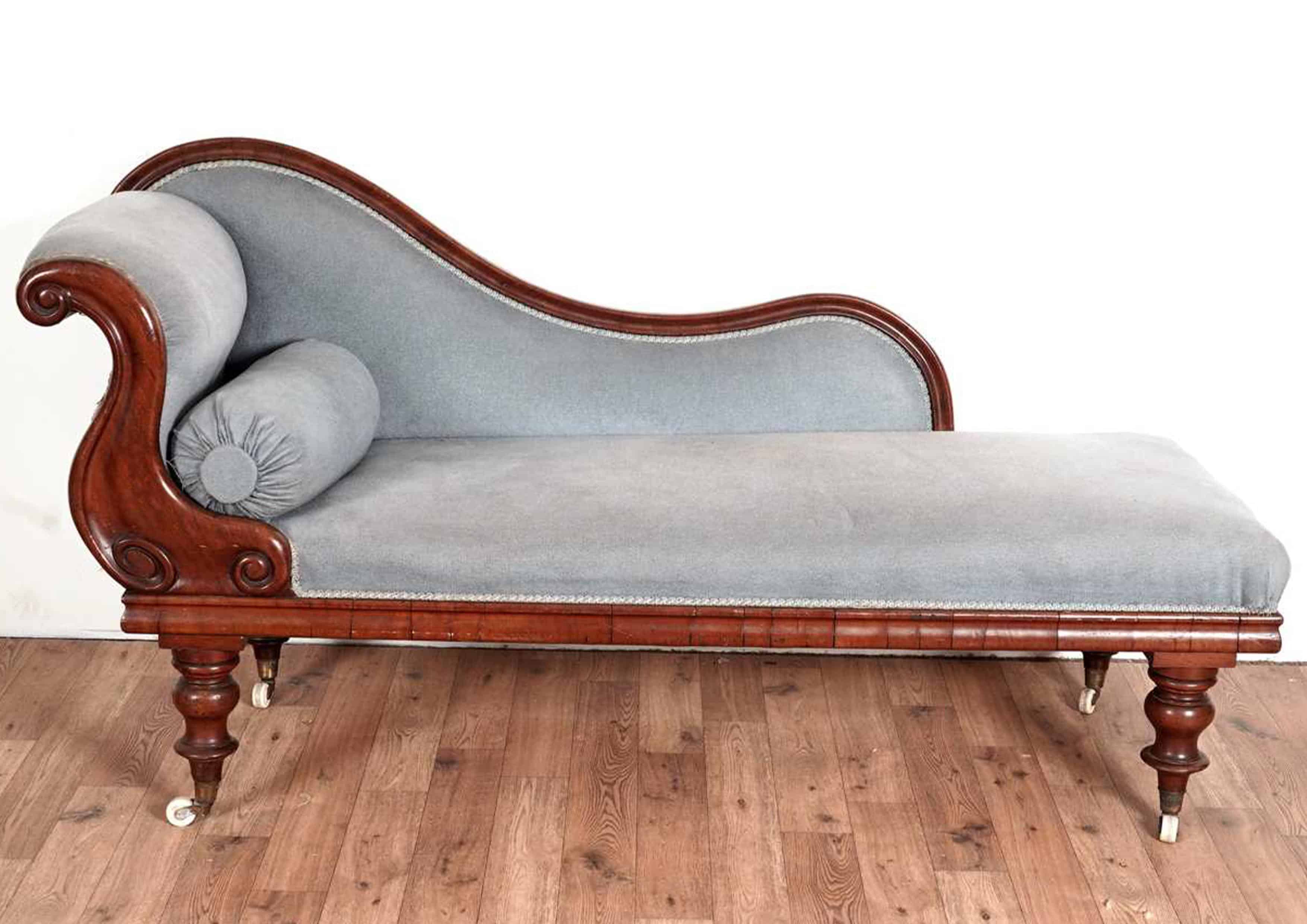 A Victorian Mahogany Swan Back Chaise Longue Upholstered in a Blue Velvet Fabric
